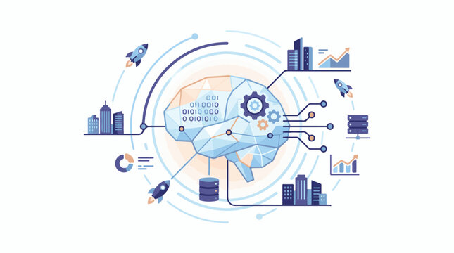 Futuristic illustration of a brain with gears binary code and cityscape