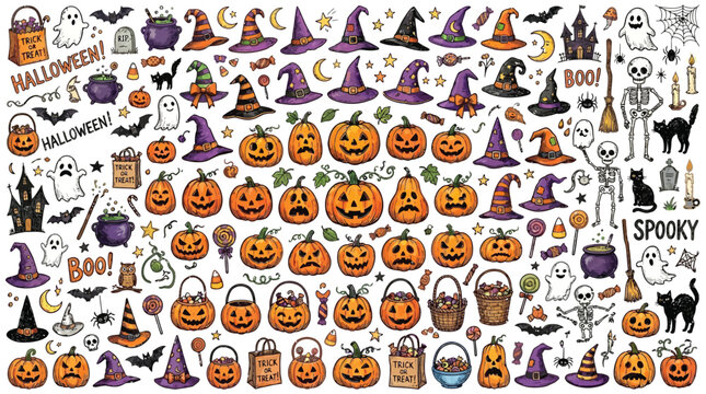 Festive collection of hand drawn halloween elements including spooky pumpkins ghosts witches hats and candy
