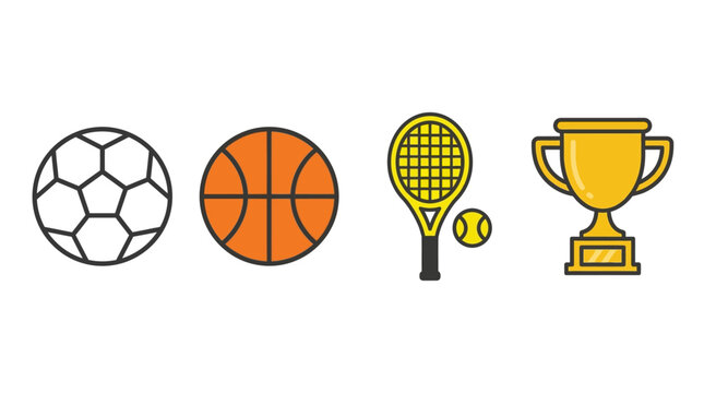 Sports icons including soccer ball, basketball, tennis racket, and trophy