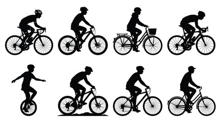 Obraz premium Multiple black silhouettes of various cyclists riding different types of bicycles on a plain white background