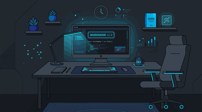 A person sits in a chair at a desk with a computer and keyboard in a dark room with blue accents and plants on shelves.
