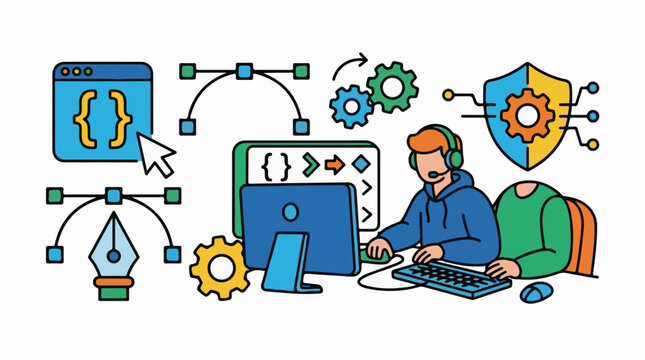 Illustration of two programmers collaborating on coding project