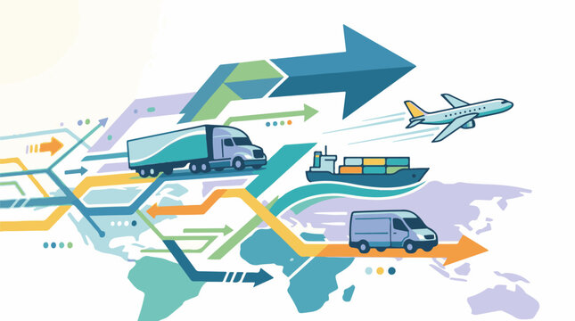 Global logistics map with truck plane ship and van on routes