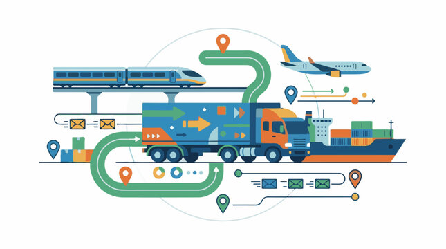A colorful illustration of various transportation modes and logistics