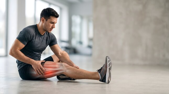 Young Athlete With Hamstring Pain And Leg Muscle Anatomy Overlay In Gym