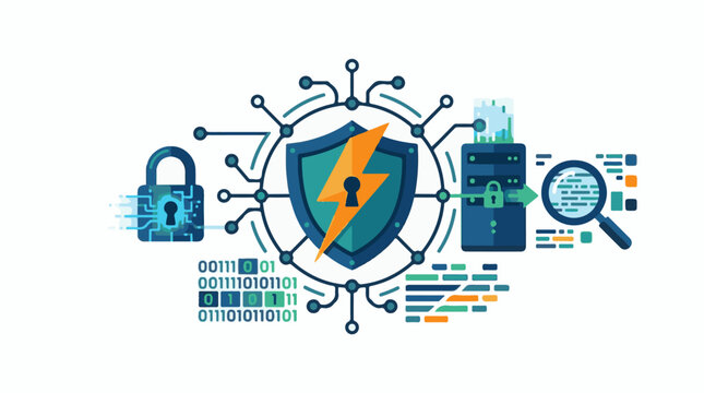 A shield with a lightning bolt and lock surrounded by circuit board and binary code elements