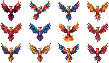 Geometric Polygonal Phoenix Bird Logo Icon Set with Flying Firebird Mascot Illustrations for Esport Teams Corporate Branding and Corporate Vector Designs © MstRahima