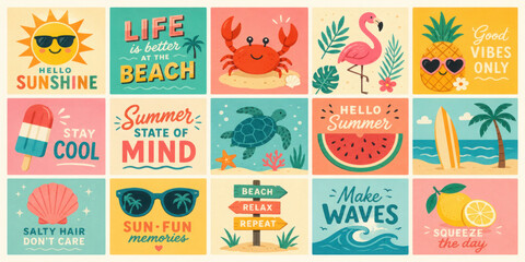 Fototapeta premium Hello summer vintage mosaic illustration. Retro style beach vacation drawing collection, summertime season background template, tourism landscape banner.