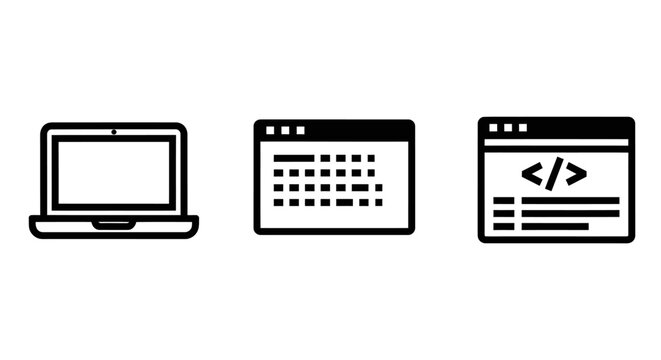 Software development laptop screen coding interface and web scripting icons set with computer science software development programming interface scripting computer application technology