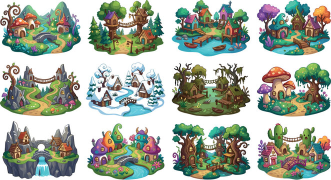 Fantasy Fairy Tale Village Icon Collection Featuring Magical Mushroom Houses Treehouses Winter Cabins and Enchanted Forest Game Asset Landscape Vectors