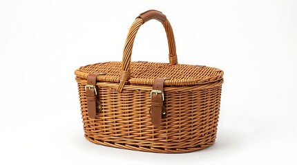 Obraz premium Empty wicker picnic basket with handle isolated on white background minimalist style