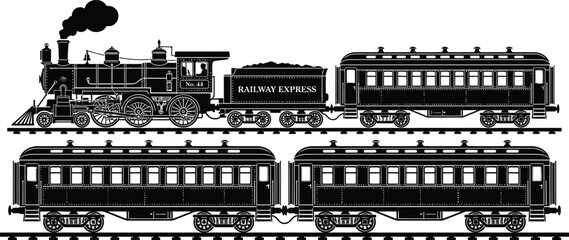 Classic 1800s vintage train silhouette vector illustration set featuring a beautiful antique steam locomotive with multiple passenger carriages without background on white © MstNela