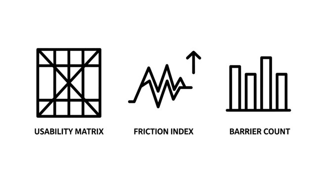 Data analysis metrics and usability icons set with usability friction analysis statistics business performance measurement infographic evaluation management information research planning