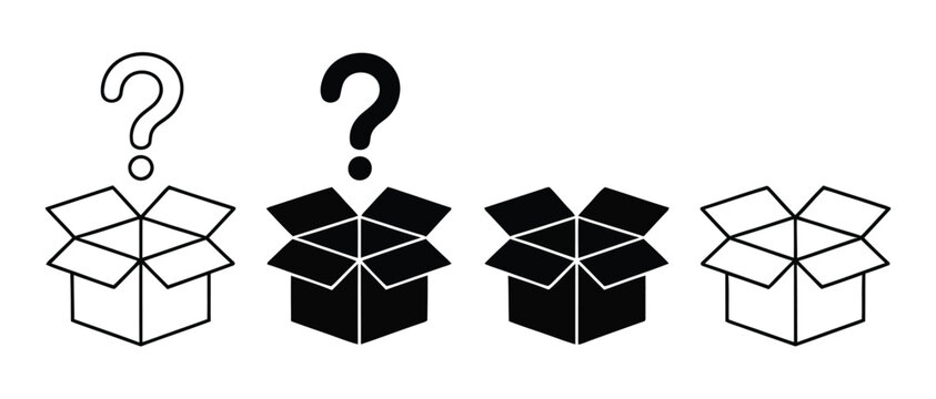 Open cardboard box icon set, package delivery and unpacking symbols with question mark concept in outline and solid styles.