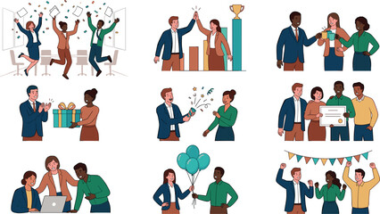 Fototapeta premium Diverse office employees celebrating corporate success, work anniversary, receiving rewards, giving gifts, popping confetti, and partying together flat vector illustration collection.