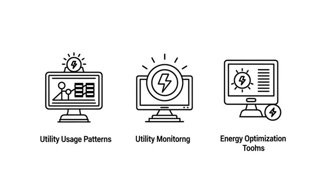 Set of technology icons representing utility usage patterns monitoring and energy optimization with monitoring optimization technology consumption patterns analysis metering efficiency
