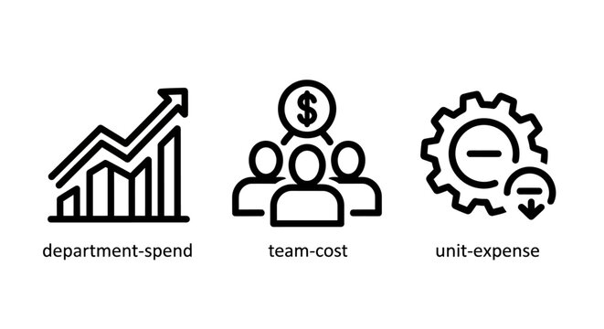 Financial business icons set featuring department spend team cost and unit expense reduction metrics financial business department management accounting corporate reduction analysis planning