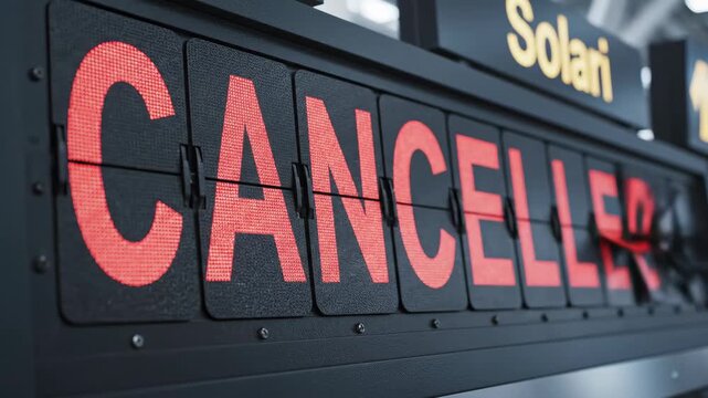 Flipping Solari Board Displays Cancelled Message at Airport.