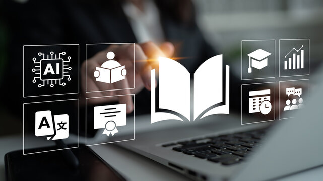 This image showcases modern technology and digital education, featuring various icons related to AI, learning, and knowledge sharing on a laptop in a professional setting. Ledger