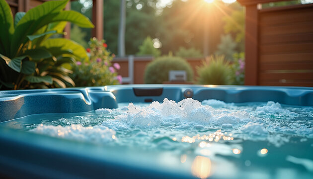 Spa jacuzzi with bubbles in backyard during sunset with greenery  