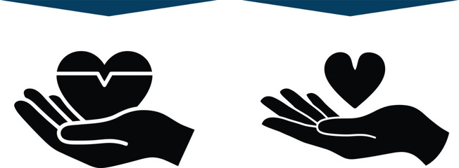Fototapeta premium Black heart icons held in human hands representing health care charity love and medical support concepts in a simple flat vector graphic style
