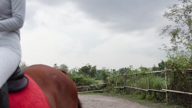 Young woman rides chestnut horse along fenced country path, smiling near middle, then moving out of frame by end, with greenery and cloudy daylight sky