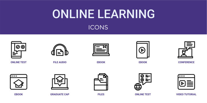Set of 10 thin line Online Learning icons for dashboards, websites and mobile app layouts. Editable outline vector pack featuring online test, ebook, conference, graduate cap and video tutorial.