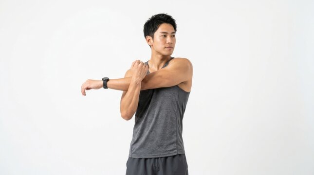 Man stretching arm and shoulder for workout exercise isolated on white background