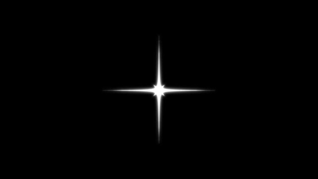 White glowing twinkle star animation with cartoon doodle sparkles,  flat vector blinking shining light twinkling effect glowing on transparent black screen background, starry sky festive overlay, 4K