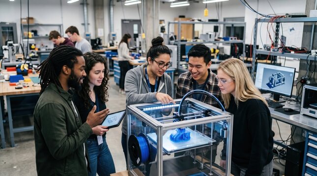 Diverse students and engineer monitoring 3d printer in laboratory. Group of young adult working on automated manufacturing project. Innovative technology, stem education and teamwork.