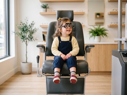 Happy little girl sitting in chair trying on trial frame at optician office. Child having vision test at eye clinic. Healthcare concept for pediatric ophthalmology and visual checkup.