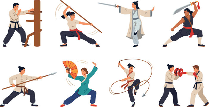 Chinese martial arts set with men and women practicing kung fu and wushu poses isolated on white background