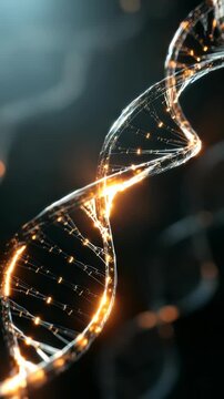 Futuristic glowing DNA double helix structure with luminous particles and abstract background, symbolizing genetic engineering and biotechnology. Modern science and innovation concept