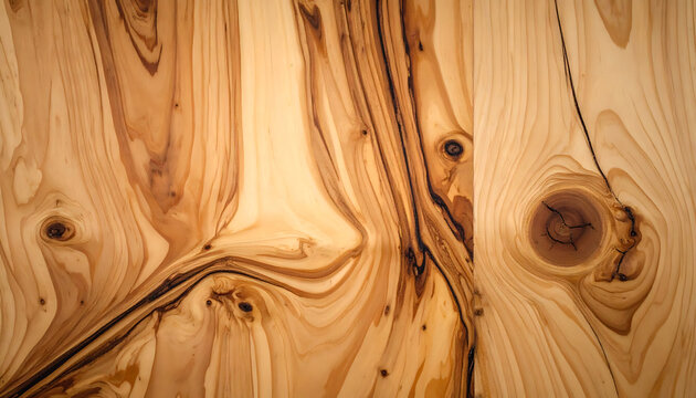 Natural wood grain texture, knotty pine plywood surface with warm brown and tan swirling patterns, detailed close-up for background