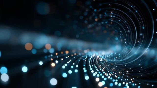 Futuristic abstract background featuring glowing blue and white particles swirling in a dynamic vortex pattern. Modern digital art concept with vibrant energy and motion