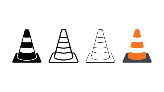 Set of traffic cone icons in different styles including outline