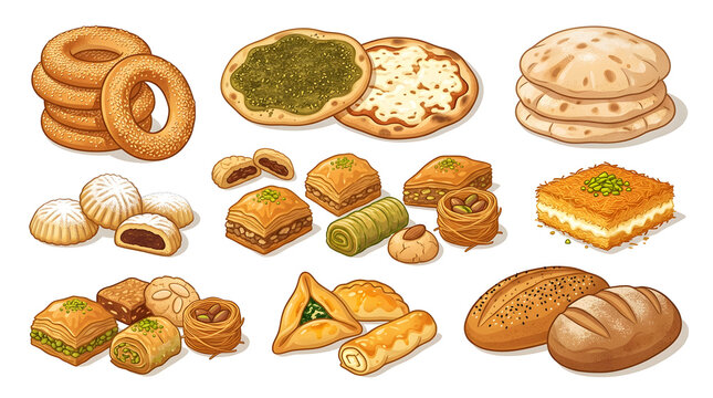 Traditional Arabic pastries and breads vector set with baklava, kunafa, pita, simit, and manakish for bakery advertising