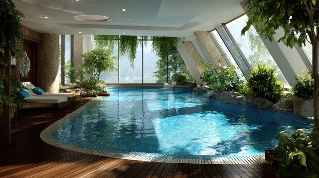 Luxurious indoor swimming pool area seamlessly blends modern architecture with lush natural landscaping.