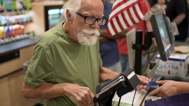 Elderly man smiles as he pays for groceries with a credit card at the checkout counter of a grocery store