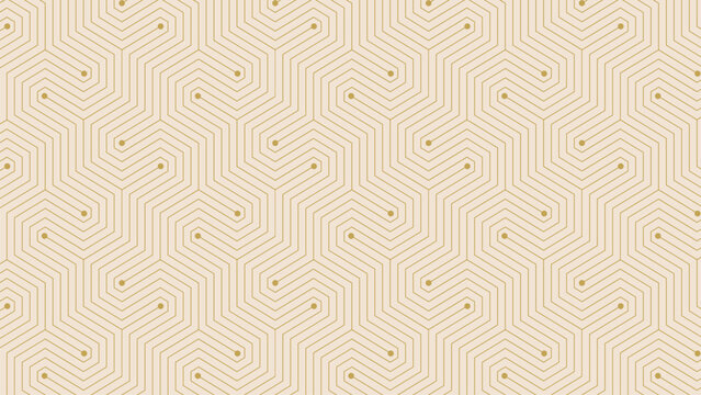 Seamless Gold Hexagon Circuit Pattern, Geometric Line Art with Dot Nodes for Technology, Wallpaper and Textile Design.