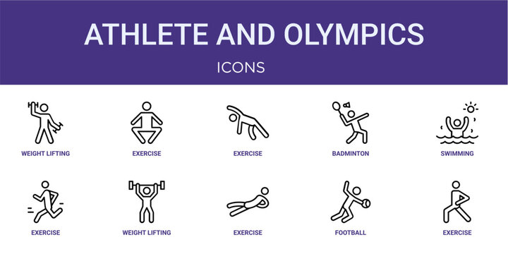 Set of 10 thin line Athlete and Olympics icons for dashboards, websites and mobile app layouts. Editable outline vector pack featuring weight lifting, exercise, swimming, weight lifting and exercise.