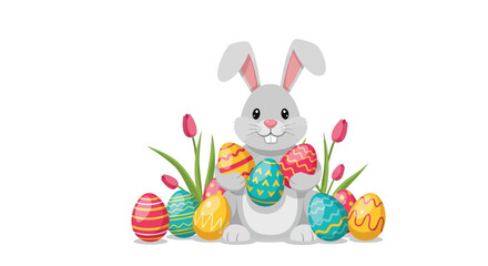 Gray rabbit with decorated eggs and tulips a colorful springtime vector illustration silhouette bunny hare leporidae mammal animal fauna easter © Creativekhairul02