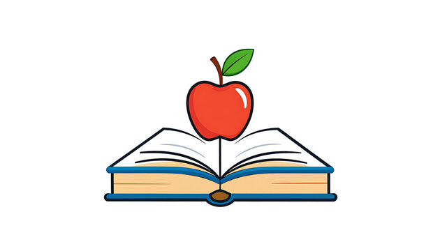 Open book with a red apple on top, pixel art illustration representing education, knowledge, and learning