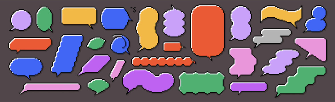 Set of colorful pixel art speech bubbles in retro 8 bit style, various shapes of chat and dialog balloons for video game, comic and message design, vintage pixelated text box collection on dark