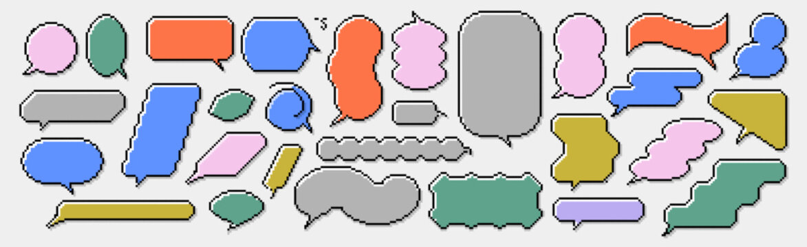 Set of colorful pixel art speech bubbles in retro 8 bit style on light background, various shapes of chat and dialog balloons with black outline for video game, comic and message design collection