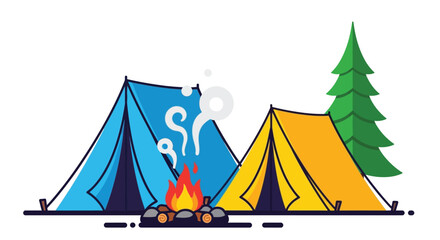 Camping scene with two tents a campfire and evergreen trees flat vector silhouette tents tent campfire fire trees pine outdoor © Creativekhairul02