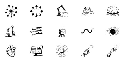 Fototapeta premium Network, Robotics, And Ai Doodle Sketch Set. Technological Innovation And Automation In Hand Drawn Style Collection. Neural Networks, Robotics, Data Visualization. Isolated Vector Illustration
