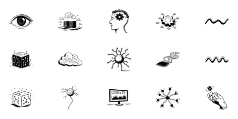 Obraz premium AI Technology Doodle Sketch Set. Artificial Intelligence, Cloud Computing, Neural Networks In Hand Drawn Style Collection. Digital Innovation And Connectivity. Isolated Vector Illustration