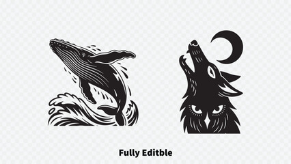 Animal linework emblem set, abstract whale breach and howling wolf vector illustration © design
