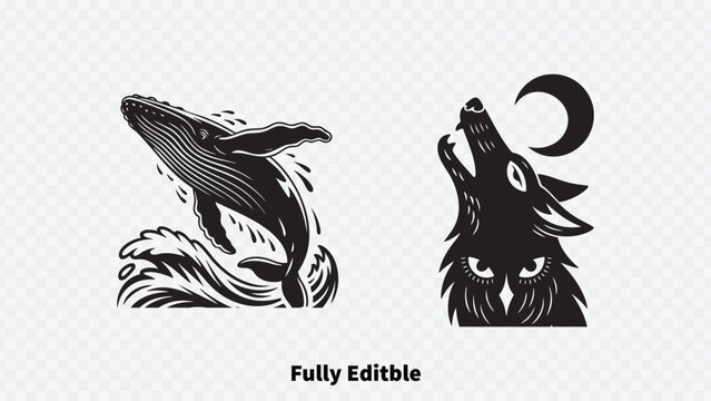Animal linework emblem set, abstract whale breach and howling wolf vector illustration